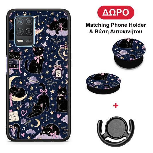 Celestial Black Cats on Navy - Realme 8 5G θήκη + Δώρο Phone Holder & Βάση Αυτοκινήτου