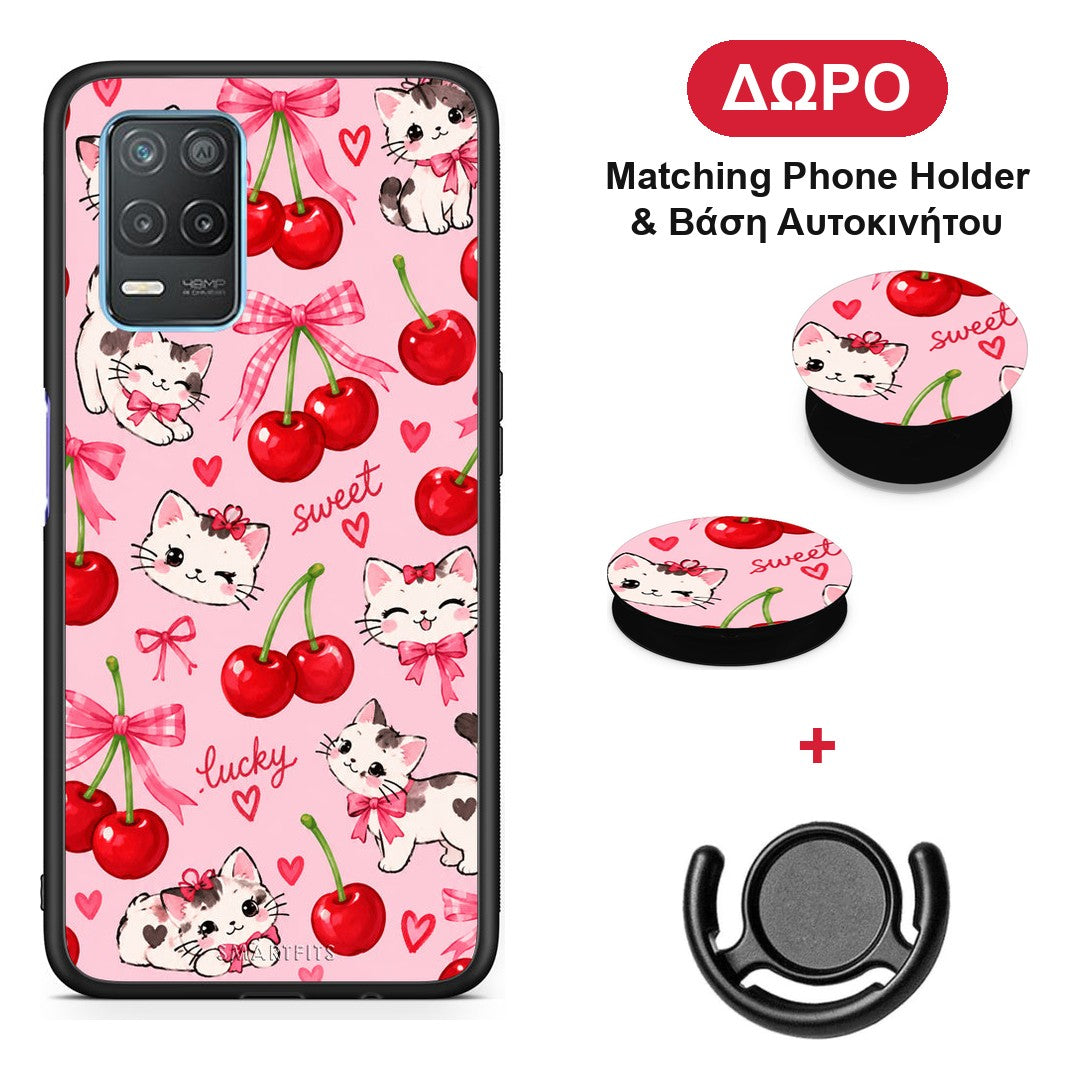 Cherries Bows and Kittens on Pink - Realme 8 5G θήκη + Δώρο Phone Holder & Βάση Αυτοκινήτου