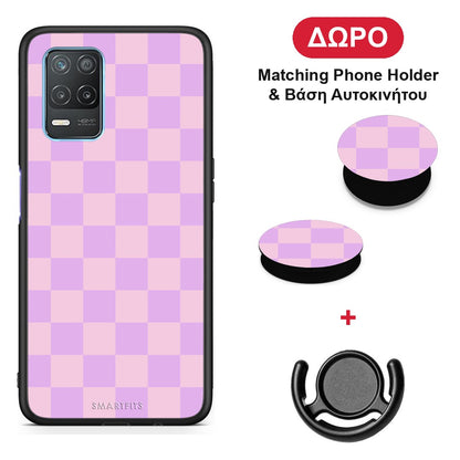 Lavender and Pink Checkerboard - Realme 8 5G θήκη + Δώρο Phone Holder & Βάση Αυτοκινήτου