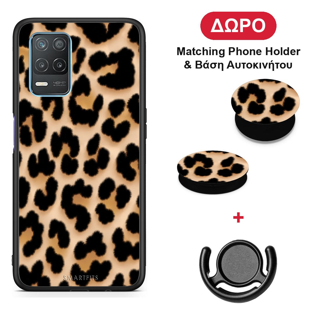 Leopard Print Tan Large - Realme 8 5G θήκη + Δώρο Phone Holder & Βάση Αυτοκινήτου