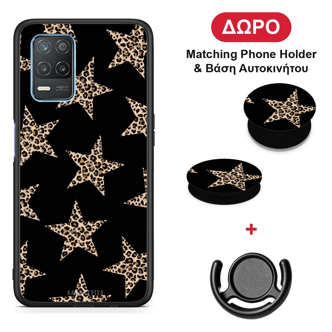 Leopard Stars on Black - Realme 8 5G θήκη + Δώρο Phone Holder & Βάση Αυτοκινήτου