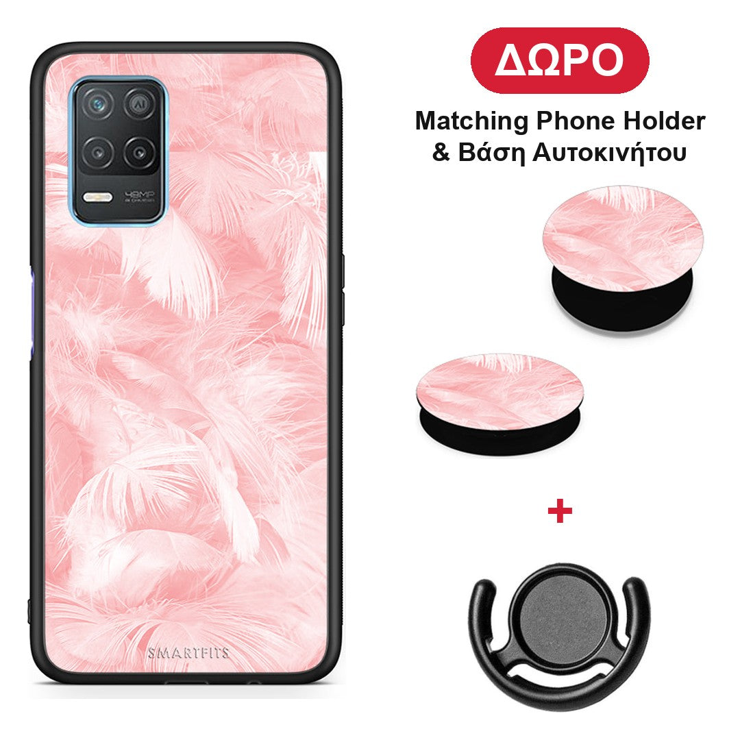 Boho Pink Feather - Realme 8 5G θήκη + Δώρο Phone Holder & Βάση Αυτοκινήτου