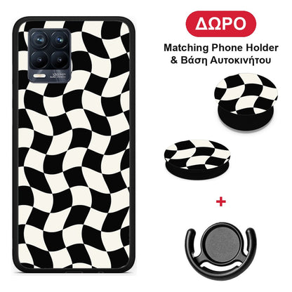 Black and Cream Wavy Checkerboard - Realme 8 / 8 Pro θήκη + Δώρο Phone Holder & Βάση Αυτοκινήτου