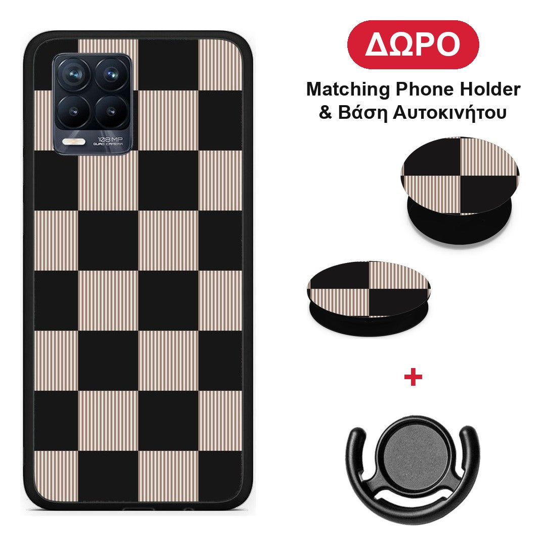 Black and Taupe Striped Checks - Realme 8 / 8 Pro θήκη + Δώρο Phone Holder & Βάση Αυτοκινήτου