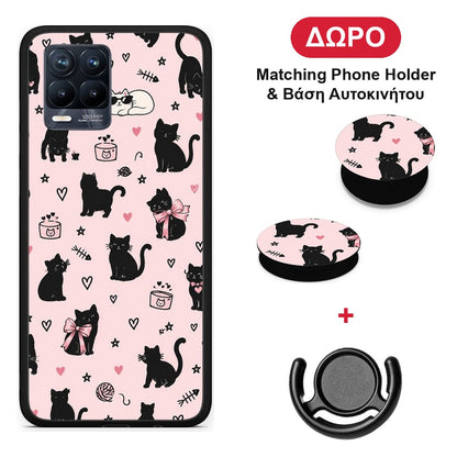 Black Cat Doodles on Pink - Realme 8 / 8 Pro θήκη + Δώρο Phone Holder & Βάση Αυτοκινήτου