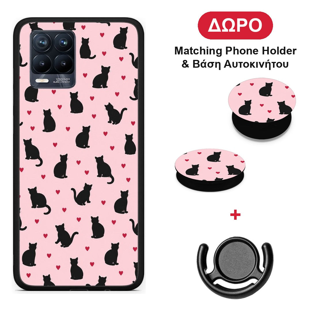 Black Cat Silhouettes and Hearts on Pink - Realme 8 / 8 Pro θήκη + Δώρο Phone Holder & Βάση Αυτοκινήτου