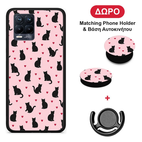 Black Cat Silhouettes and Hearts on Pink - Realme 8 / 8 Pro θήκη + Δώρο Phone Holder & Βάση Αυτοκινήτου
