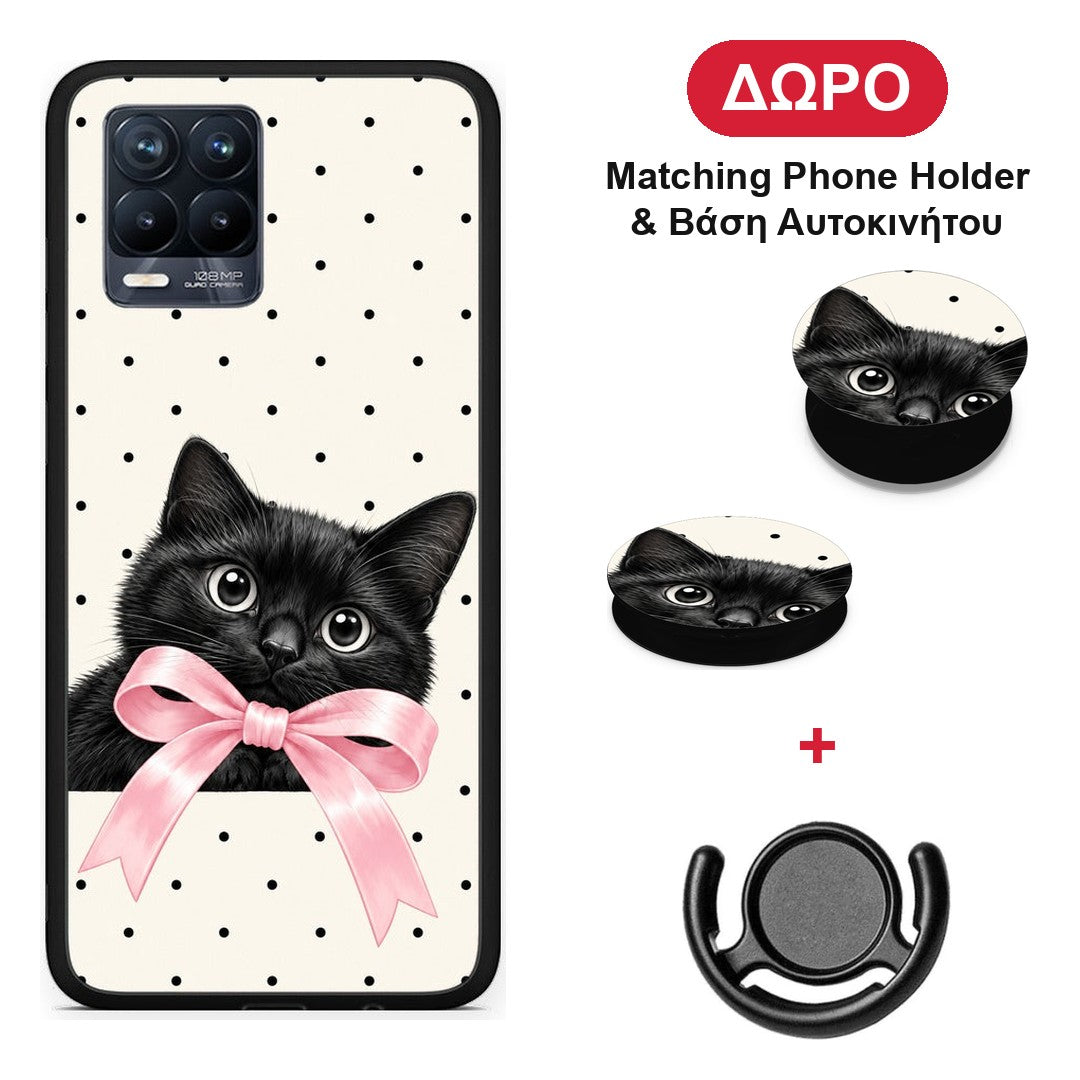 Black Kitten Pink Bow and Polka Dots - Realme 8 / 8 Pro θήκη + Δώρο Phone Holder & Βάση Αυτοκινήτου