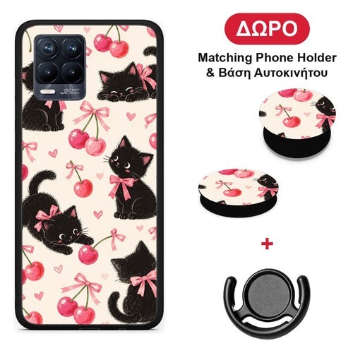 Black Kittens and Cherries on Cream - Realme 8 / 8 Pro θήκη + Δώρο Phone Holder & Βάση Αυτοκινήτου
