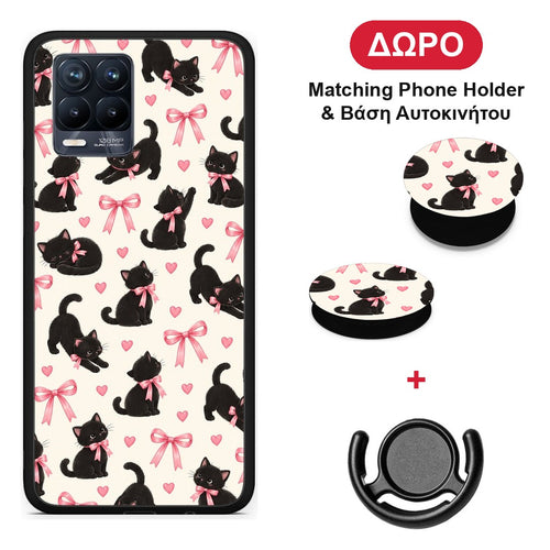 Black Kittens and Pink Bows on Cream Small - Realme 8 / 8 Pro θήκη + Δώρο Phone Holder & Βάση Αυτοκινήτου