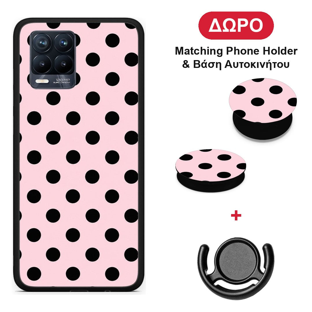Black Polka Dots on Pink - Realme 8 / 8 Pro θήκη + Δώρο Phone Holder & Βάση Αυτοκινήτου
