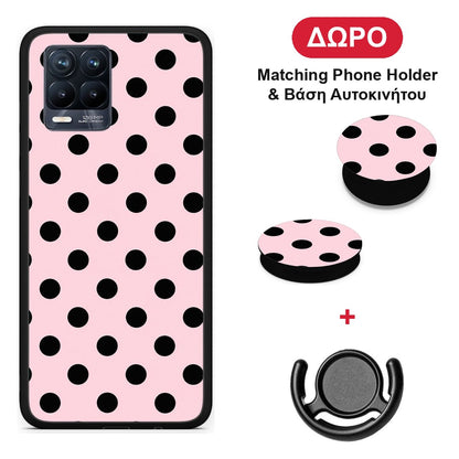 Black Polka Dots on Pink - Realme 8 / 8 Pro θήκη + Δώρο Phone Holder & Βάση Αυτοκινήτου