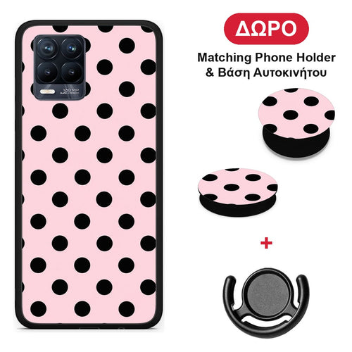Black Polka Dots on Pink - Realme 8 / 8 Pro θήκη + Δώρο Phone Holder & Βάση Αυτοκινήτου