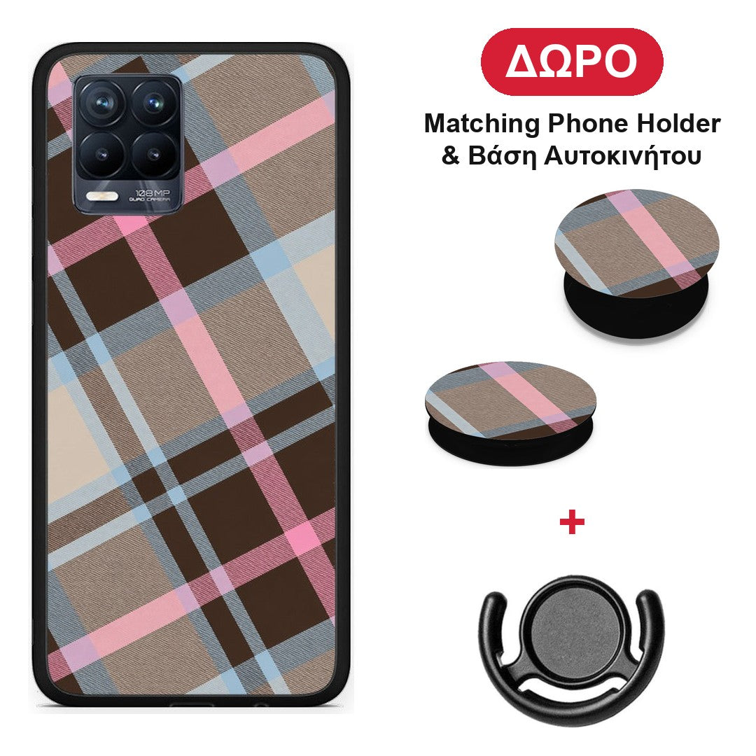 Brown Pink and Blue Diagonal Plaid - Realme 8 / 8 Pro θήκη + Δώρο Phone Holder & Βάση Αυτοκινήτου