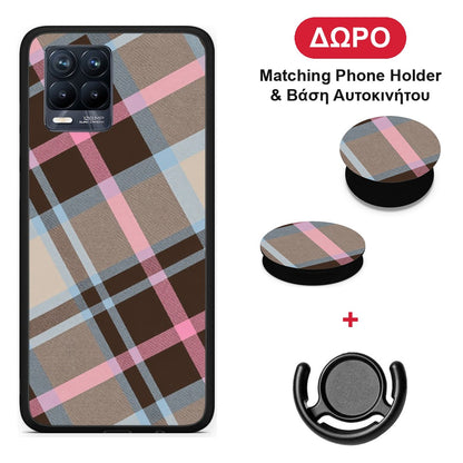 Brown Pink and Blue Diagonal Plaid - Realme 8 / 8 Pro θήκη + Δώρο Phone Holder & Βάση Αυτοκινήτου