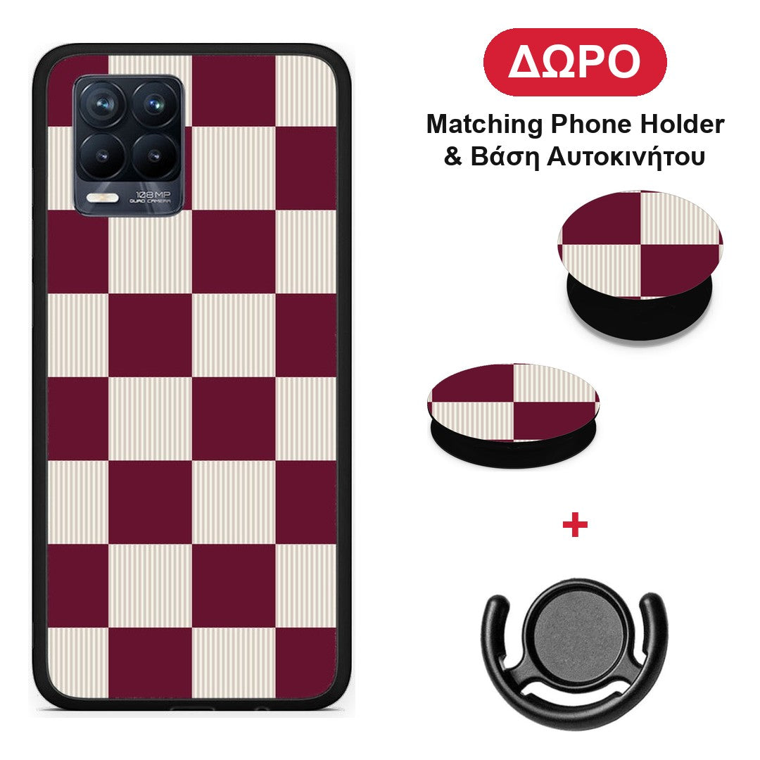 Burgundy and Cream Striped Checks - Realme 8 / 8 Pro θήκη + Δώρο Phone Holder & Βάση Αυτοκινήτου
