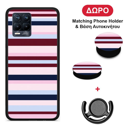 Burgundy Pink and Blue Horizontal Stripes - Realme 8 / 8 Pro θήκη + Δώρο Phone Holder & Βάση Αυτοκινήτου