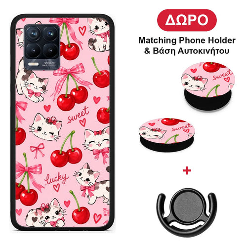 Cherries Bows and Kittens on Pink - Realme 8 / 8 Pro θήκη + Δώρο Phone Holder & Βάση Αυτοκινήτου