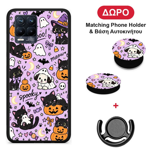 Halloween Black Cats on Lilac - Realme 8 / 8 Pro θήκη + Δώρο Phone Holder & Βάση Αυτοκινήτου