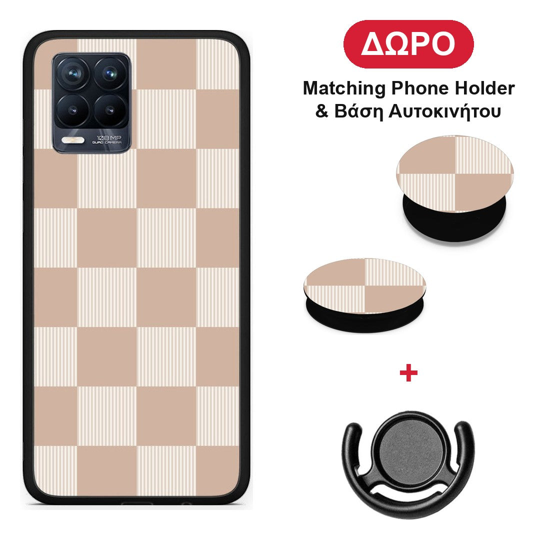 Latte and Cream Striped Checks - Realme 8 / 8 Pro θήκη + Δώρο Phone Holder & Βάση Αυτοκινήτου