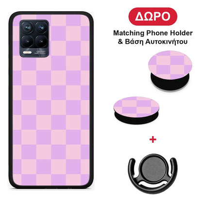 Lavender and Pink Checkerboard - Realme 8 / 8 Pro θήκη + Δώρο Phone Holder & Βάση Αυτοκινήτου