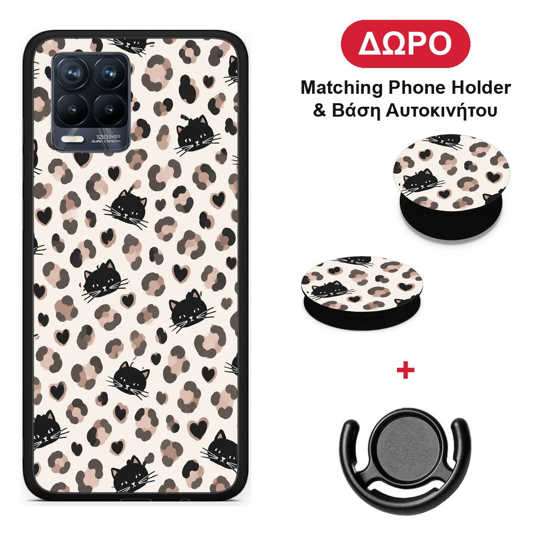 Leopard Spots and Black Cats on Cream - Realme 8 / 8 Pro θήκη + Δώρο Phone Holder & Βάση Αυτοκινήτου