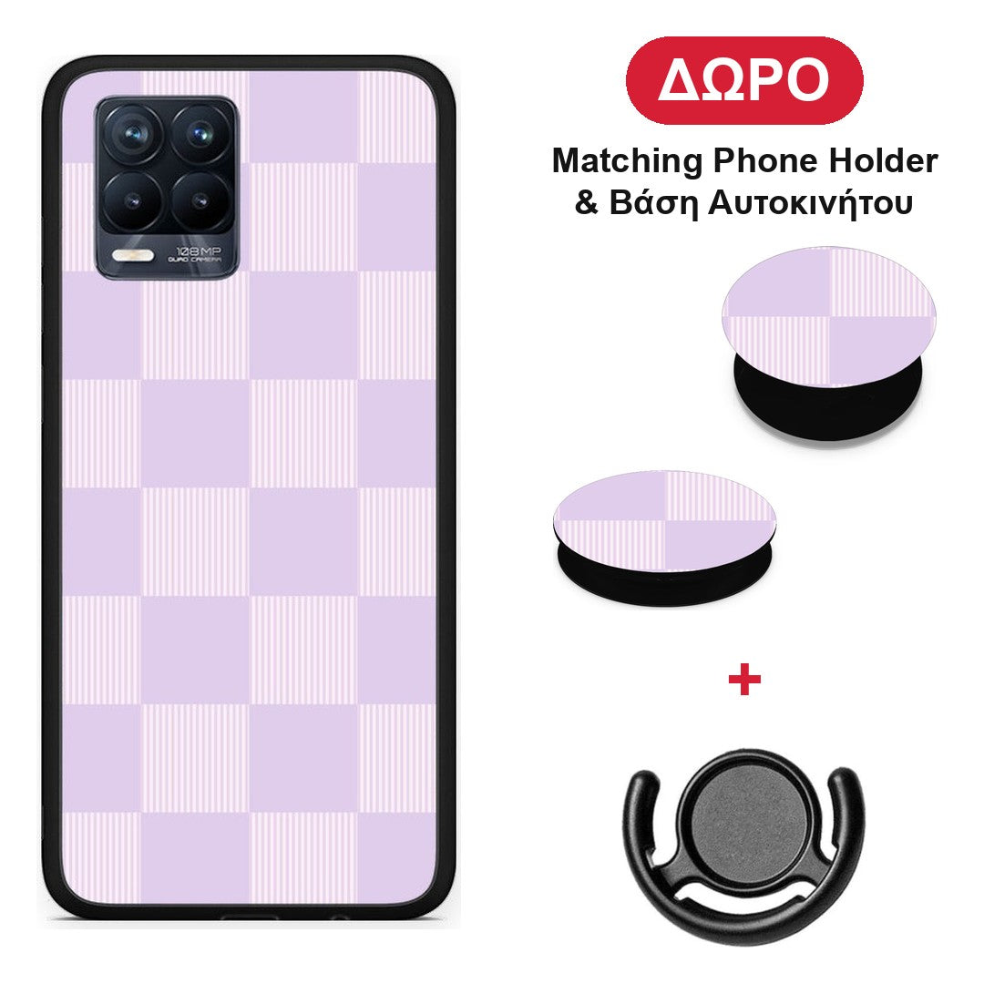 Lilac and Cream Striped Checks - Realme 8 / 8 Pro θήκη + Δώρο Phone Holder & Βάση Αυτοκινήτου