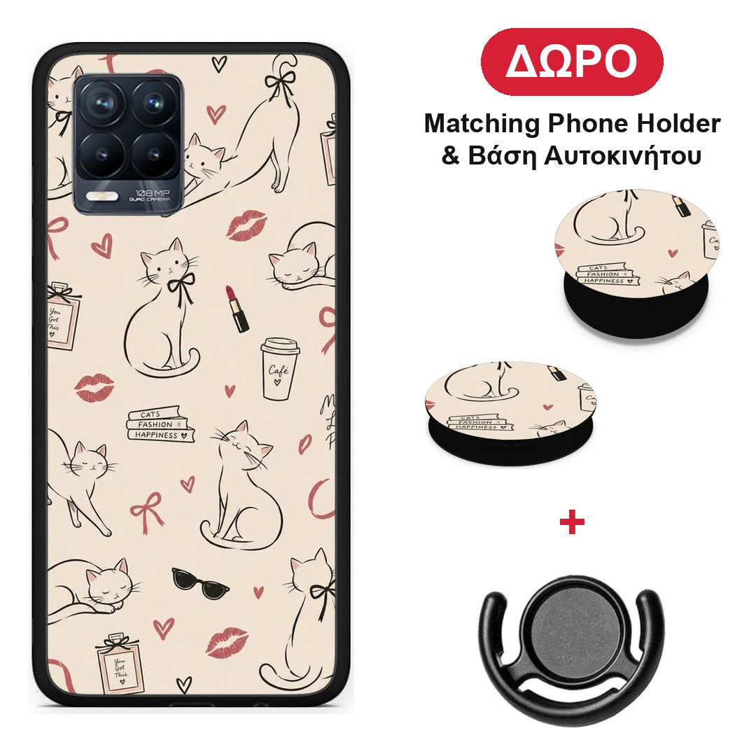 Minimal Cat and Fashion Doodles on Cream - Realme 8 / 8 Pro θήκη + Δώρο Phone Holder & Βάση Αυτοκινήτου