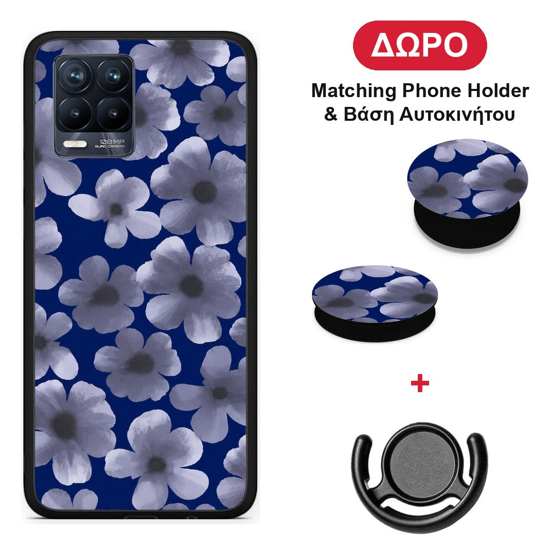 Pale Blue Flowers on Navy - Realme 8 / 8 Pro θήκη + Δώρο Phone Holder & Βάση Αυτοκινήτου