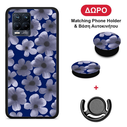 Pale Blue Flowers on Navy - Realme 8 / 8 Pro θήκη + Δώρο Phone Holder & Βάση Αυτοκινήτου
