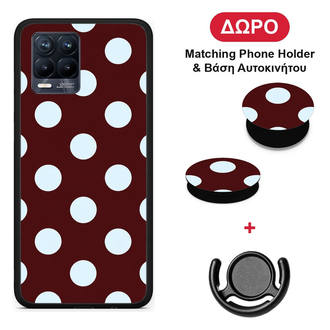 Pale Blue Large Polka Dots on Burgundy - Realme 8 / 8 Pro θήκη + Δώρο Phone Holder & Βάση Αυτοκινήτου