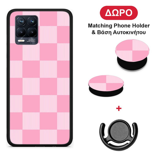 Pink and White Striped Checks - Realme 8 / 8 Pro θήκη + Δώρο Phone Holder & Βάση Αυτοκινήτου