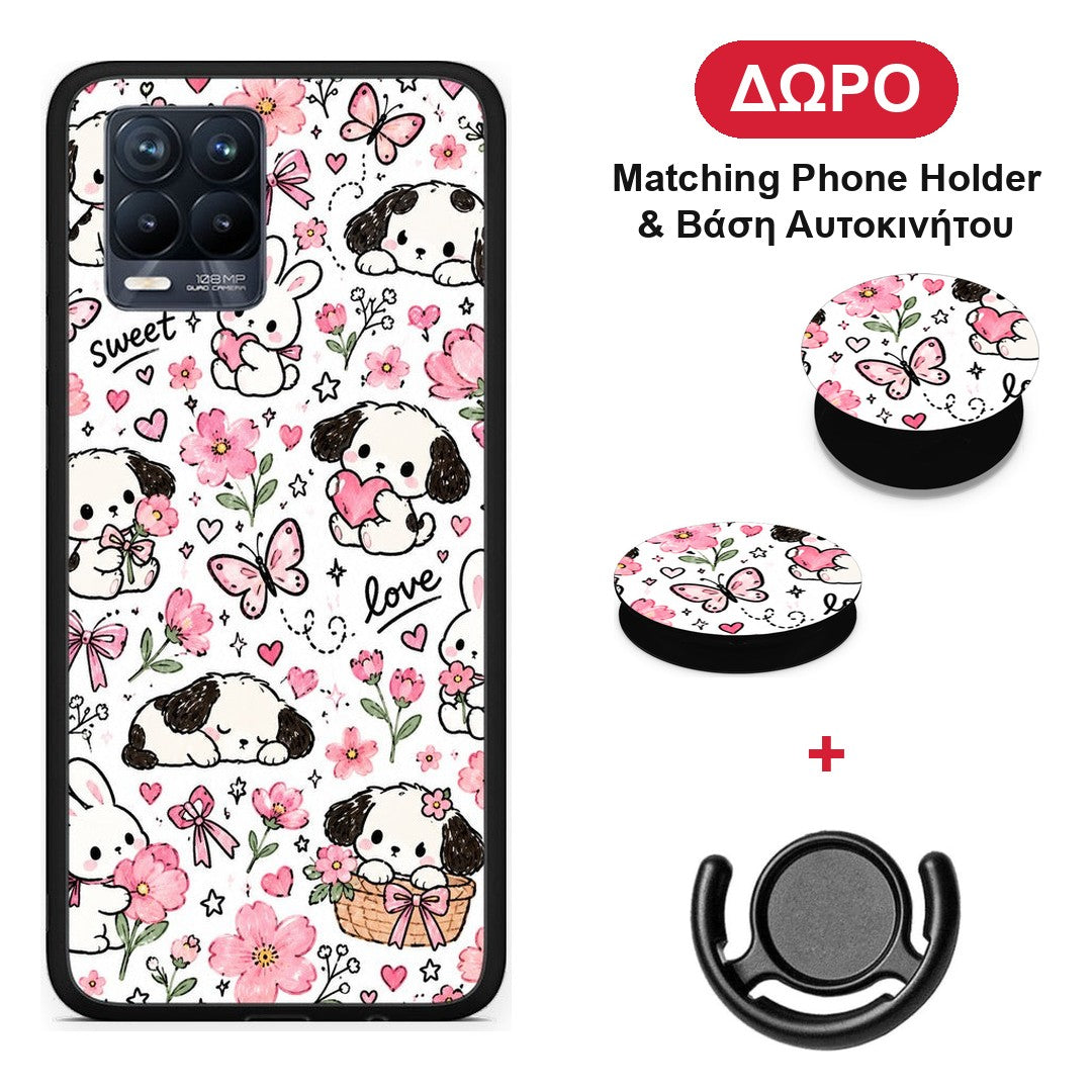 Pink Florals Puppies and Bunnies on White - Realme 8 / 8 Pro θήκη + Δώρο Phone Holder & Βάση Αυτοκινήτου