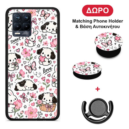 Pink Florals Puppies and Bunnies on White - Realme 8 / 8 Pro θήκη + Δώρο Phone Holder & Βάση Αυτοκινήτου