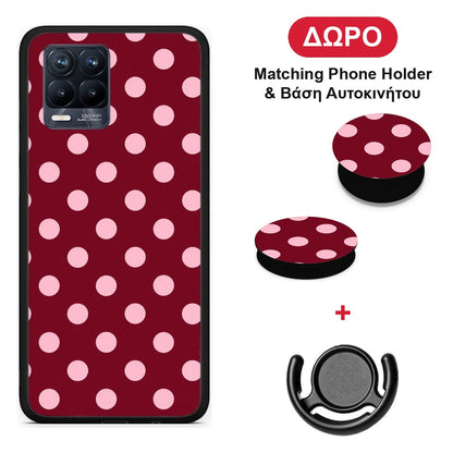 Pink Polka Dots on Burgundy - Realme 8 / 8 Pro θήκη + Δώρο Phone Holder & Βάση Αυτοκινήτου