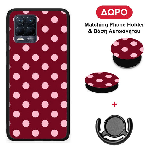 Pink Polka Dots on Burgundy - Realme 8 / 8 Pro θήκη + Δώρο Phone Holder & Βάση Αυτοκινήτου