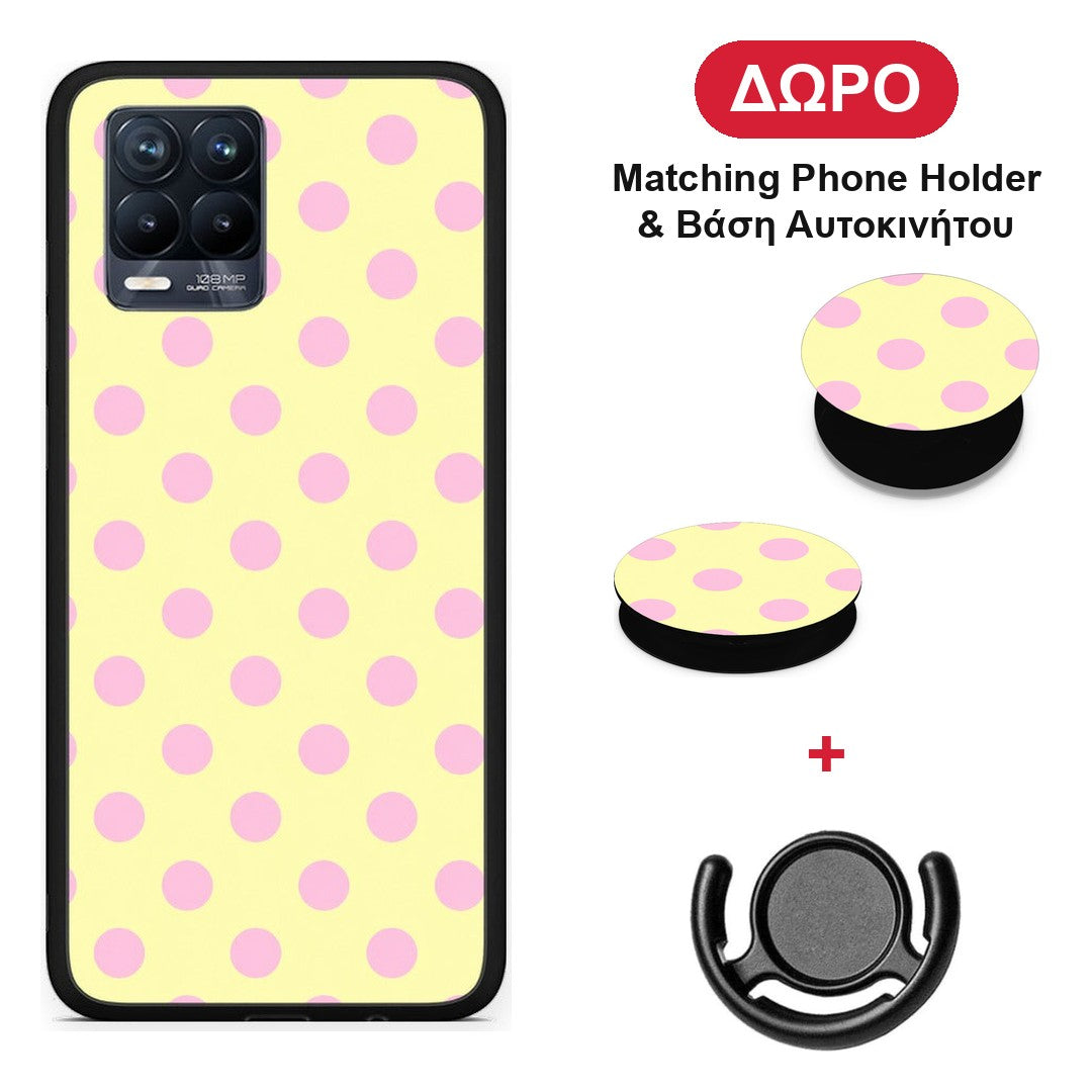 Pink Polka Dots on Yellow - Realme 8 / 8 Pro θήκη + Δώρο Phone Holder & Βάση Αυτοκινήτου