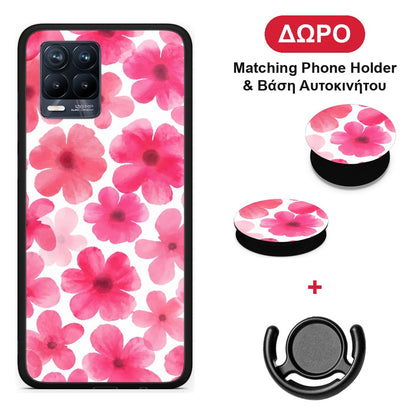 Pink Watercolour Flowers on White - Realme 8 / 8 Pro θήκη + Δώρο Phone Holder & Βάση Αυτοκινήτου