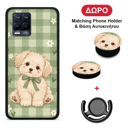 Puppy and Daisies on Sage Gingham - Realme 8 / 8 Pro θήκη + Δώρο Phone Holder & Βάση Αυτοκινήτου