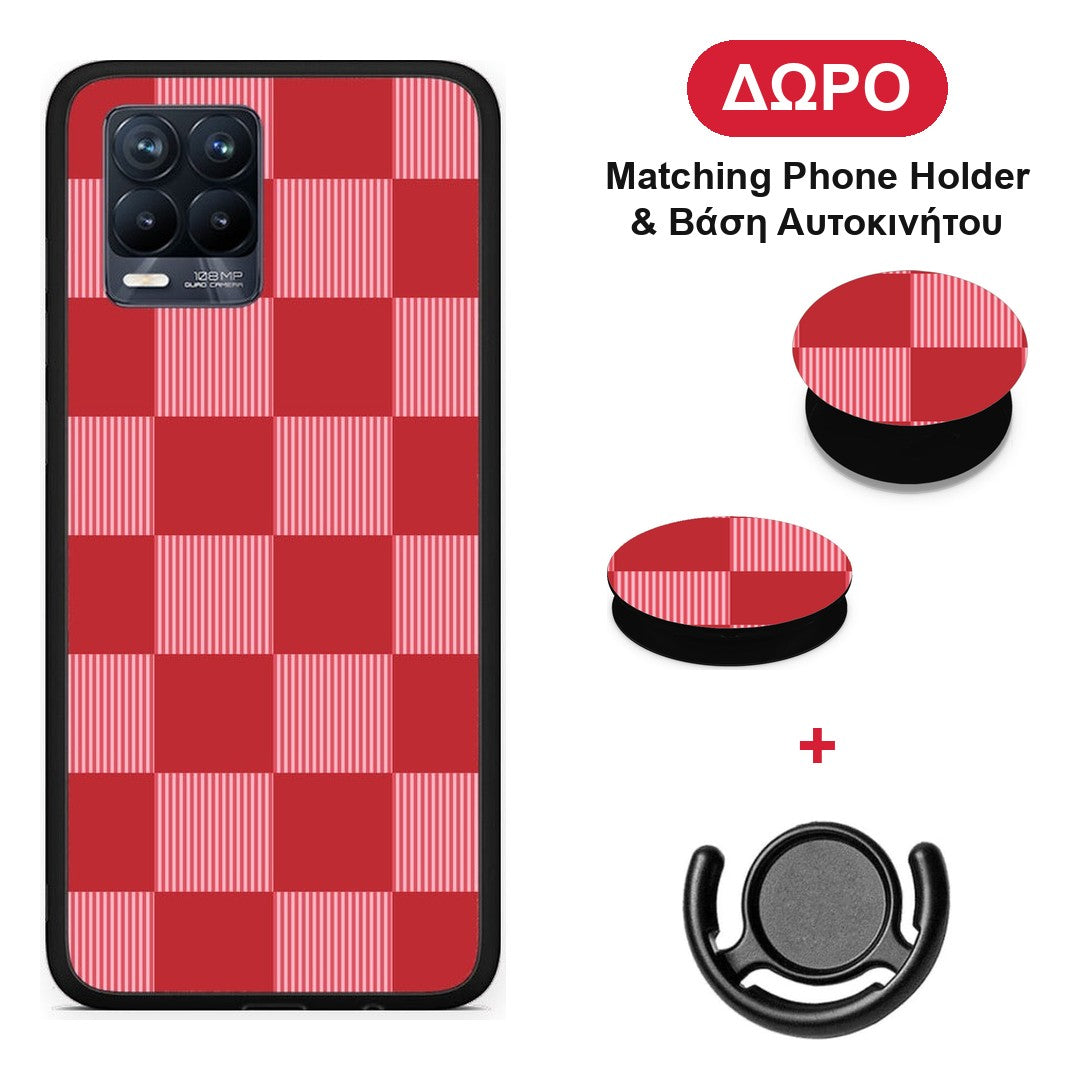Red and Pink Striped Checks - Realme 8 / 8 Pro θήκη + Δώρο Phone Holder & Βάση Αυτοκινήτου