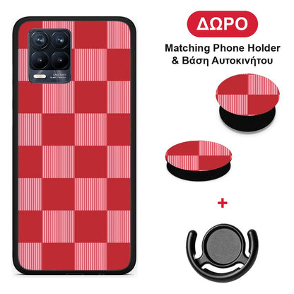 Red and Pink Striped Checks - Realme 8 / 8 Pro θήκη + Δώρο Phone Holder & Βάση Αυτοκινήτου