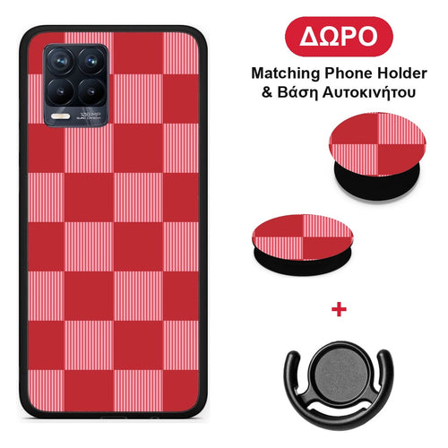 Red and Pink Striped Checks - Realme 8 / 8 Pro θήκη + Δώρο Phone Holder & Βάση Αυτοκινήτου