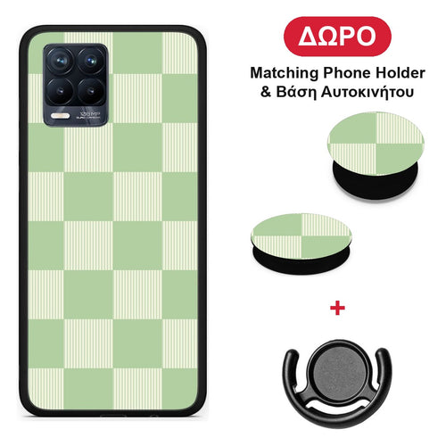 Sage and Cream Striped Checks - Realme 8 / 8 Pro θήκη + Δώρο Phone Holder & Βάση Αυτοκινήτου