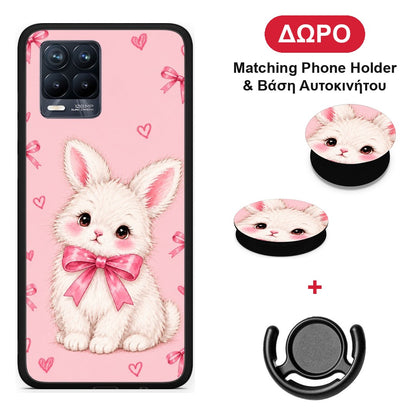 White Bunny and Pink Bows - Realme 8 / 8 Pro θήκη + Δώρο Phone Holder & Βάση Αυτοκινήτου
