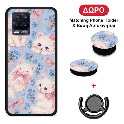 White Kittens and Blue Flowers Large - Realme 8 / 8 Pro θήκη + Δώρο Phone Holder & Βάση Αυτοκινήτου