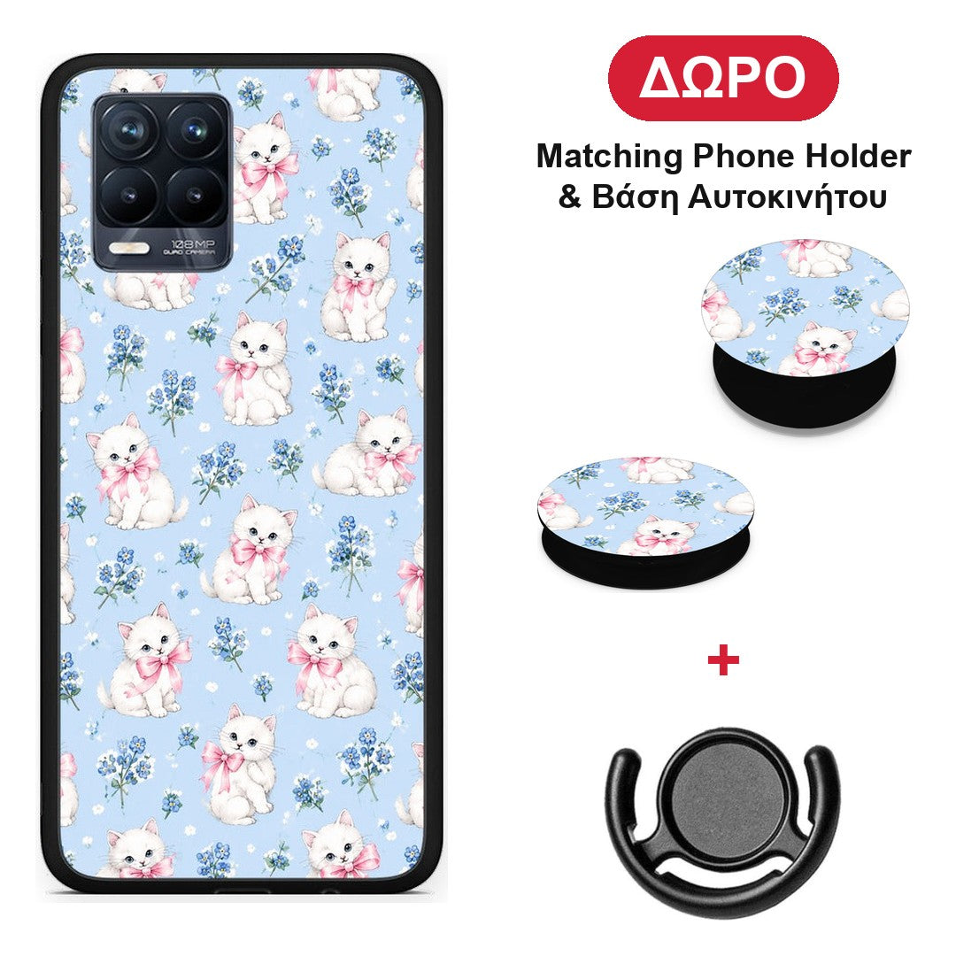 White Kittens and Blue Flowers Small - Realme 8 / 8 Pro θήκη + Δώρο Phone Holder & Βάση Αυτοκινήτου