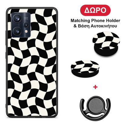 Black and Cream Wavy Checkerboard - Realme 9 / 9 Pro+ 5G θήκη + Δώρο Phone Holder & Βάση Αυτοκινήτου