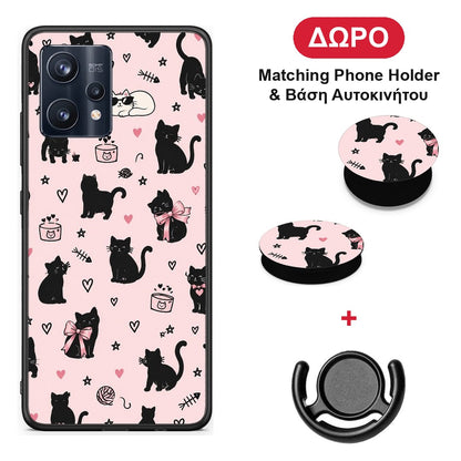 Black Cat Doodles on Pink - Realme 9 / 9 Pro+ 5G θήκη + Δώρο Phone Holder & Βάση Αυτοκινήτου