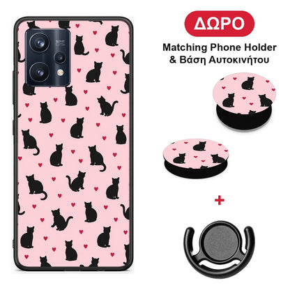 Black Cat Silhouettes and Hearts on Pink - Realme 9 / 9 Pro+ 5G θήκη + Δώρο Phone Holder & Βάση Αυτοκινήτου