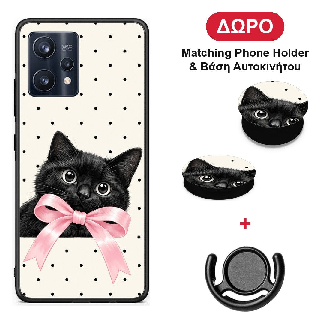 Black Kitten Pink Bow and Polka Dots - Realme 9 / 9 Pro+ 5G θήκη + Δώρο Phone Holder & Βάση Αυτοκινήτου